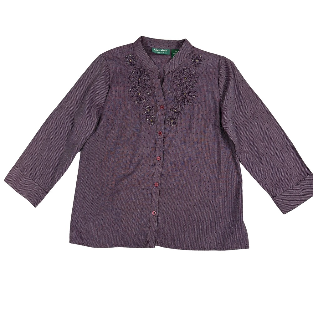 Lemon Grass Purple Embroidered Cotton Button Up Shirt PM Petite Medium